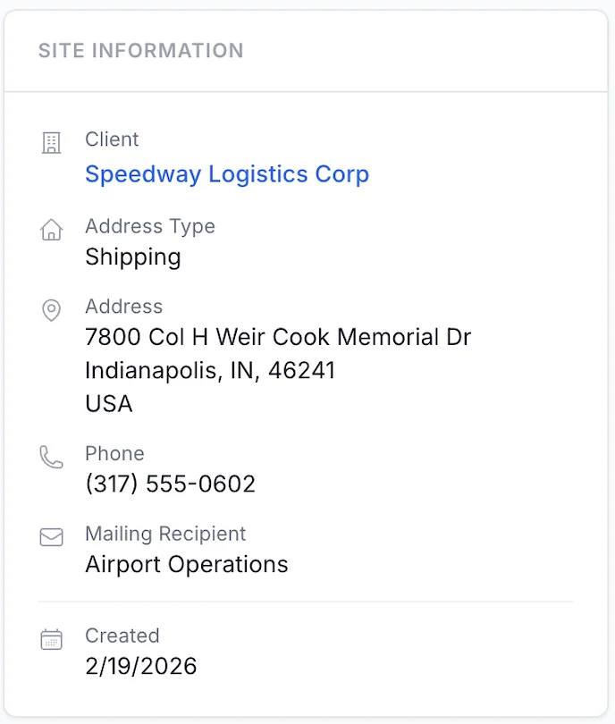 CleanOps CRM site information card with client, address, phone, and mailing details
