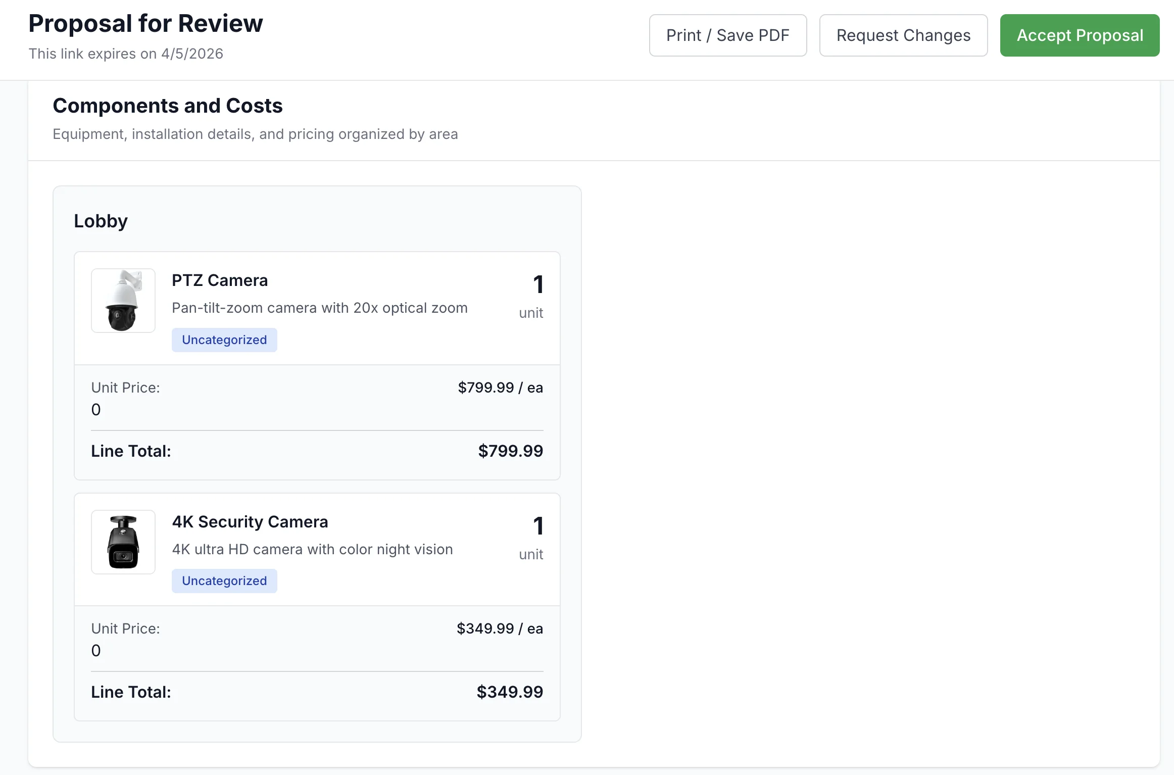 CleanOps customer portal showing proposal review with components, costs, and accept button