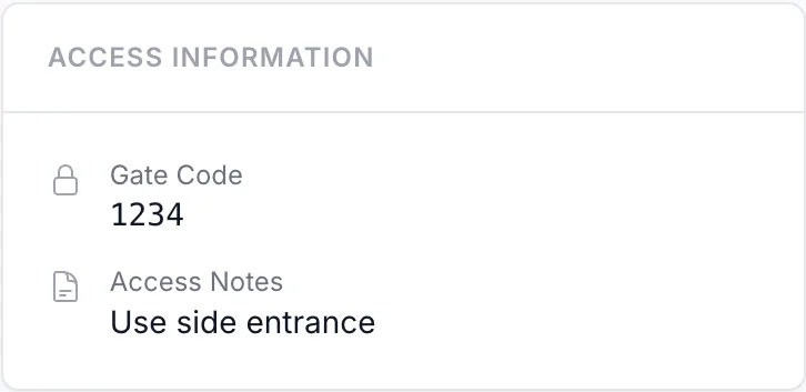 CleanOps access information card with gate code and notes