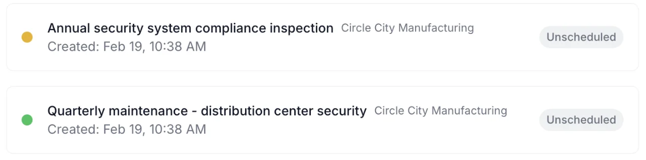 CleanOps task list showing scheduled security inspections