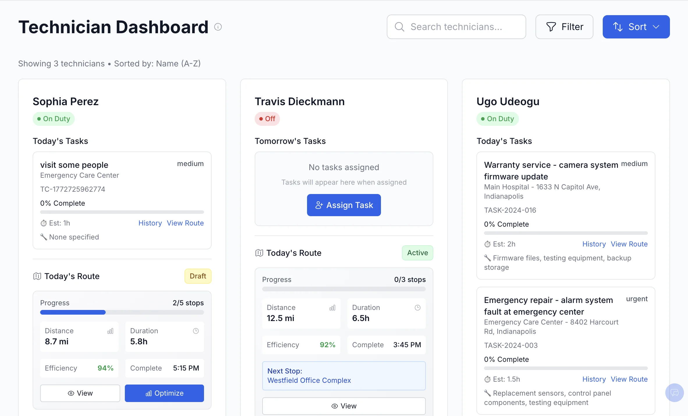CleanOps technician dashboard showing technician status, jobs, and route optimization