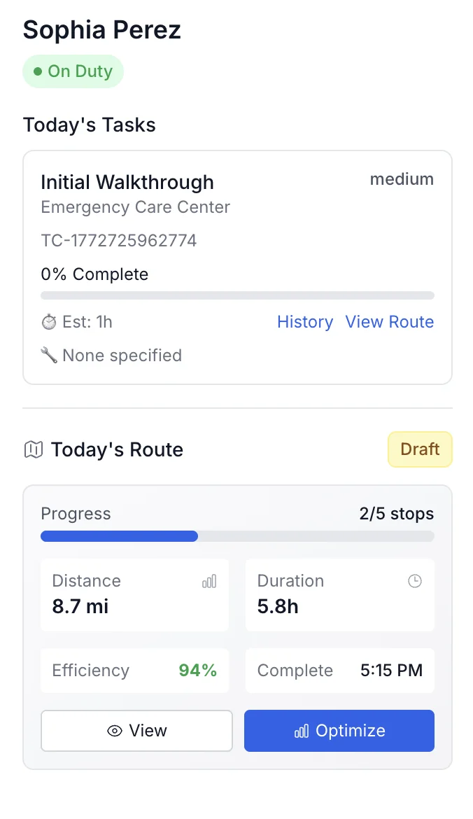 CleanOps mobile app showing technician tasks and route details