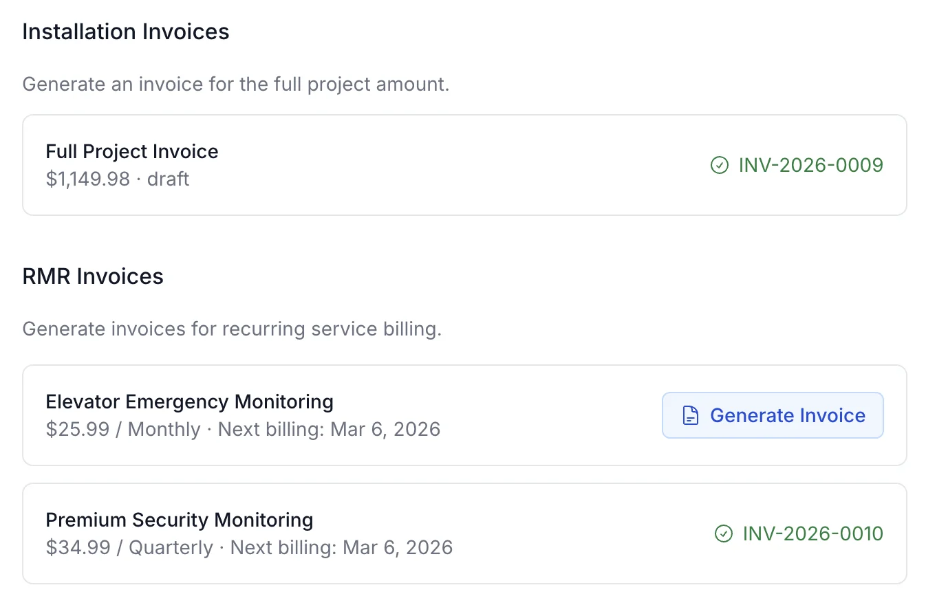 CleanOps invoice generation with installation and RMR invoices