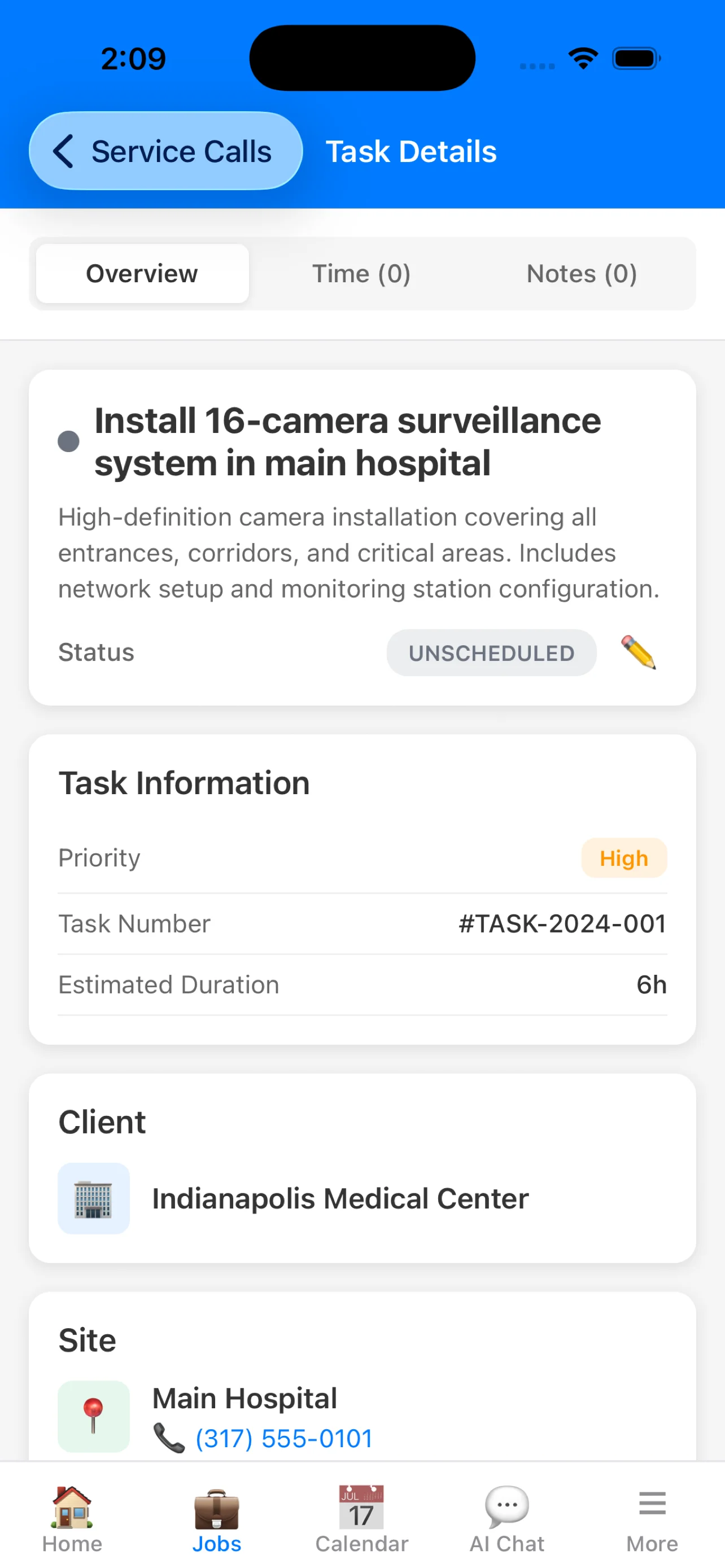 CleanOps mobile app showing task details with status, priority, client, and site info